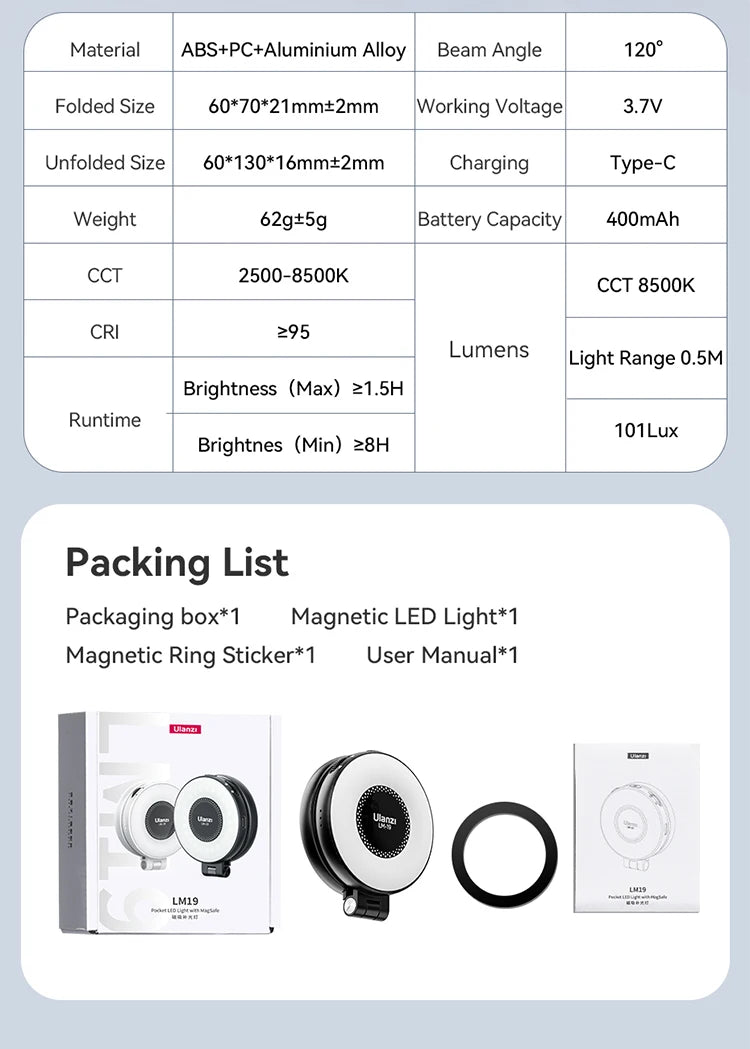 Ulanzi LM19 Mobile Phone Selfie Light Bi-color Pocket LED Magnetic Mini Ring Lamp Photography For iPhone 16 15 Apple 14 13 Pro