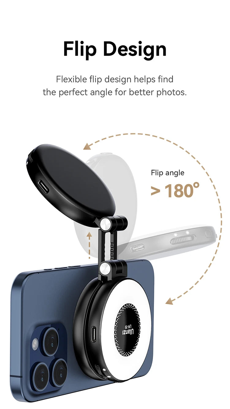 Ulanzi LM19 Mobile Phone Selfie Light Bi-color Pocket LED Magnetic Mini Ring Lamp Photography For iPhone 16 15 Apple 14 13 Pro