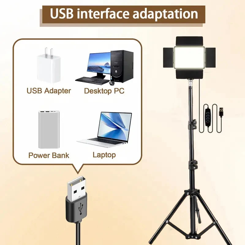 LED Video Photography Atmosphere Fill Light 9-Inch Square 43-Inch Tripod USB Power Supply 3 Light Colors Adjustable 4 Leaf Baffl