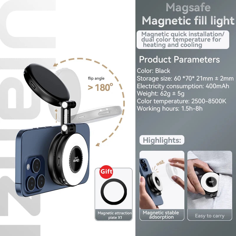 Ulanzi LM19 Mobile Phone Selfie Light Bi-color Pocket LED Magnetic Mini Ring Lamp Photography For iPhone 16 15 Apple 14 13 Pro