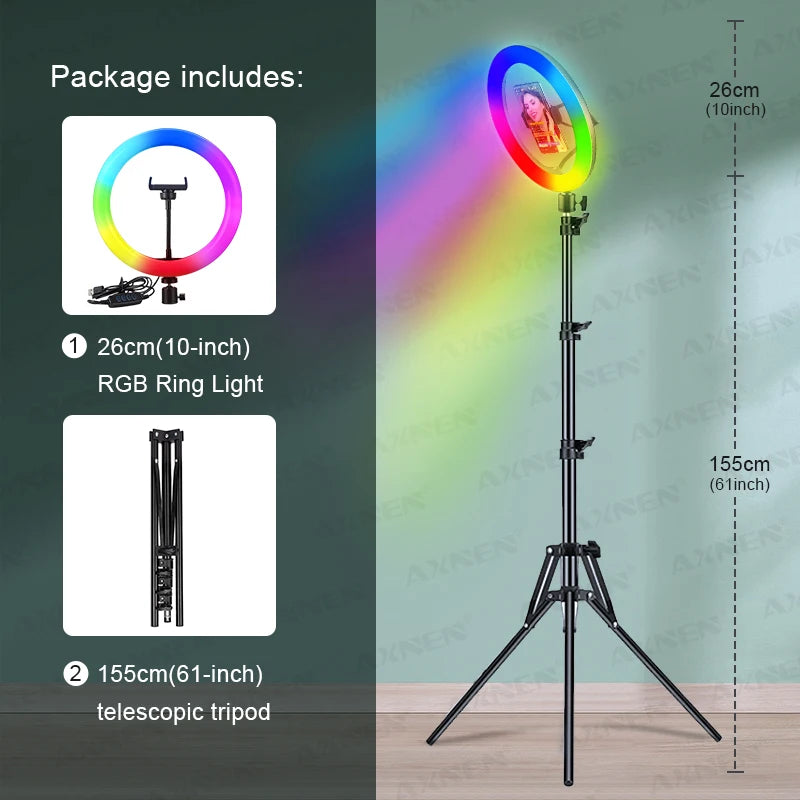 10in 26cm RGB Selfie Ring Light with Telescopic Tripod Stand Phone Holder, Photography RingLight Colorful Led Makeup Fill Lamp